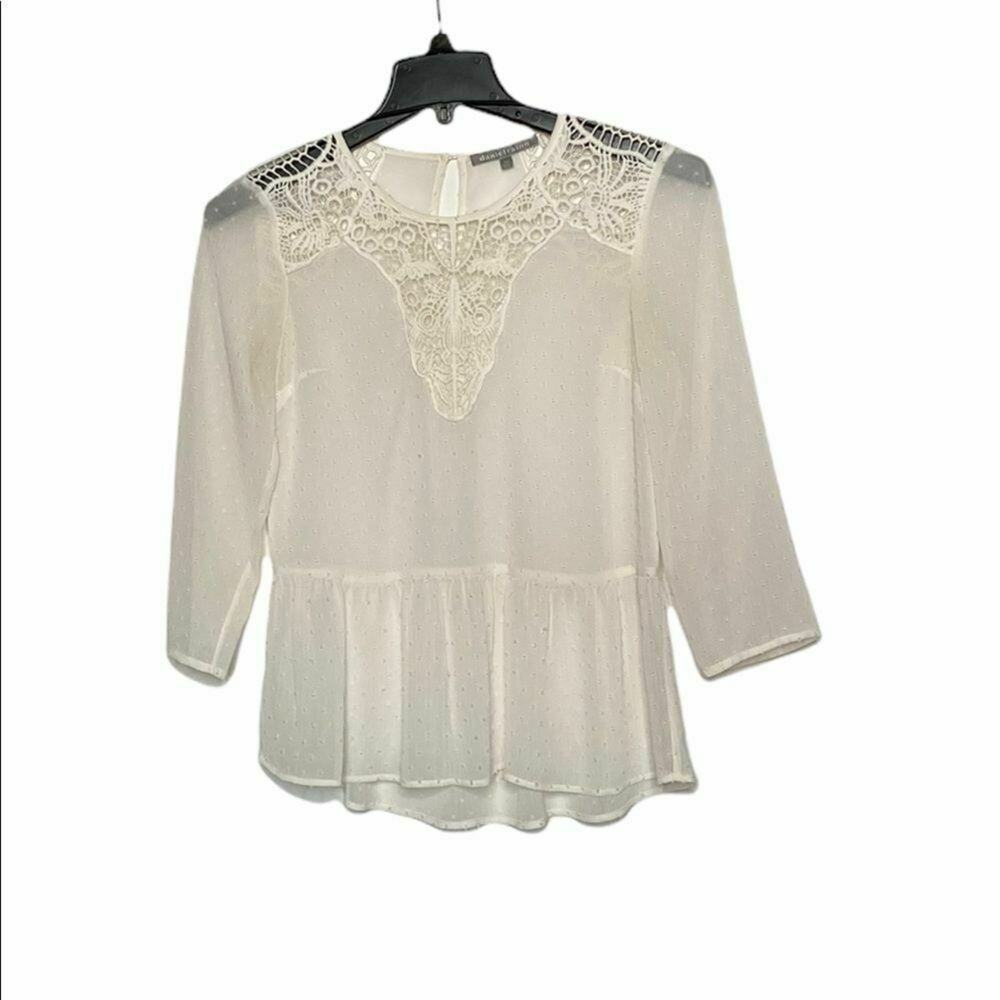 Daniel Rainn womens peasant ruffle hem blouse Top ivory sz p xs lace long sleeve